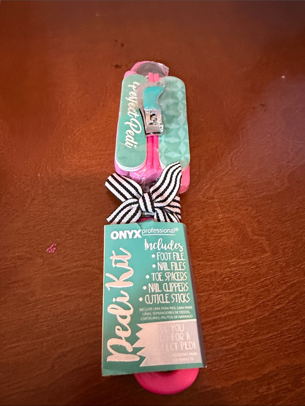 Onyx Teal and Pink Pedicure Set with Striped Bow